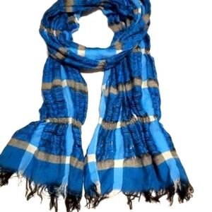 Blue Plaid Scarf Lightweight Fashion Scarf with Tassels